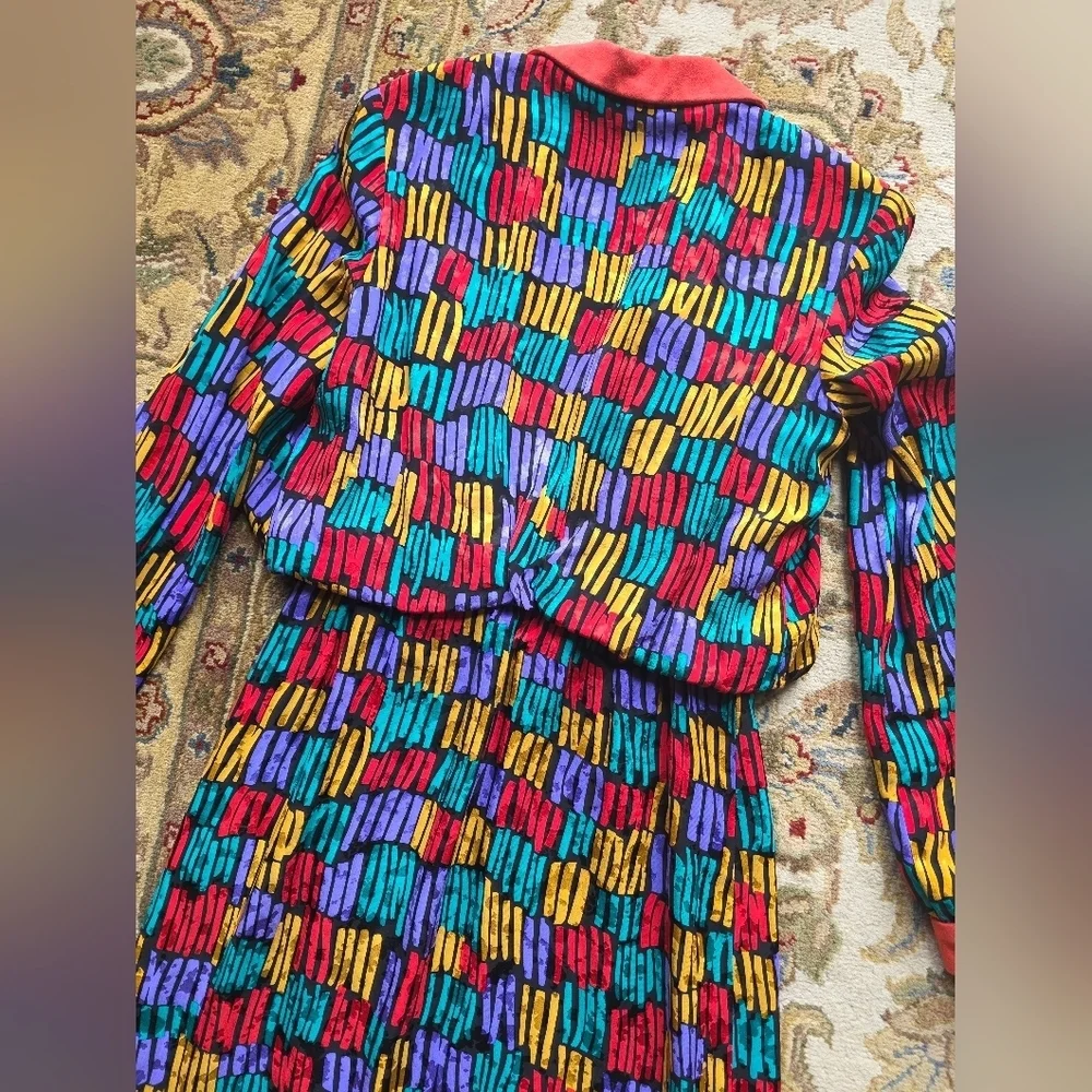 Vintage 70's Utah Tailoring Women's Colorblock Neck Bow Silk Designer Dress S - Picture 9 of 9